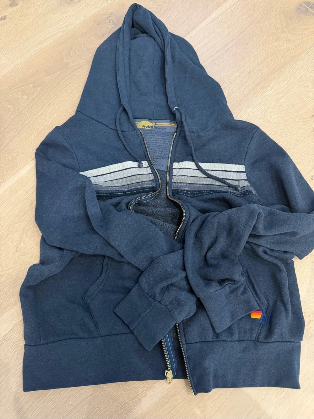Aviator Nation Women's Navy Zip Hoodie with Striped Chest - Picture 3 of 5